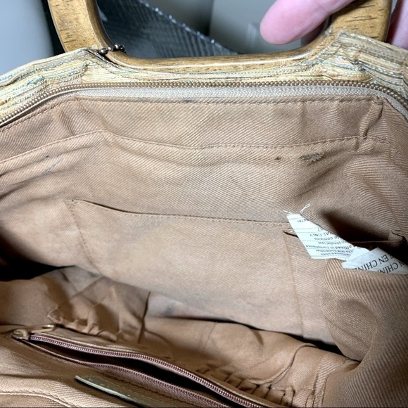 Cabrelli Vintage Tapestry Style Hand Bag Earth Tone Golden Wooden Handle ZipTote - Picture 8 of 10